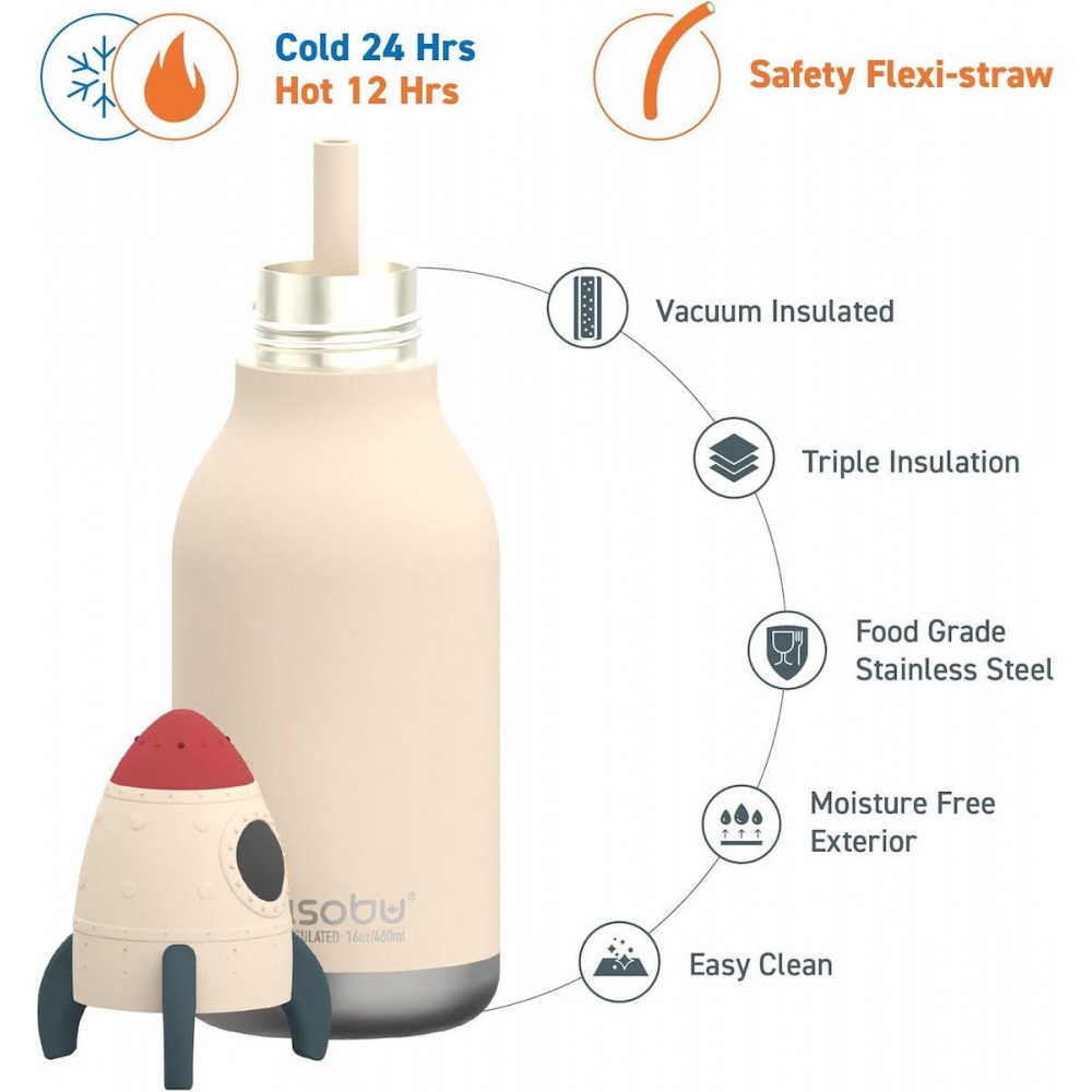 Asobu Μπουκάλι Παιδικό Παγούρι Θερμός Σιλικόνης με Καλαμάκι Non Spill 475ml Bestie Διαστημόπλοιο (05609)