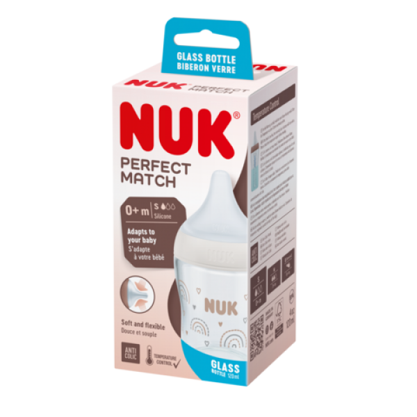 Nuk Μπιμπερό Γυάλινο 120ml Perfect Match με μαλακή θηλή σιλικόνης 0m+ (10211036)