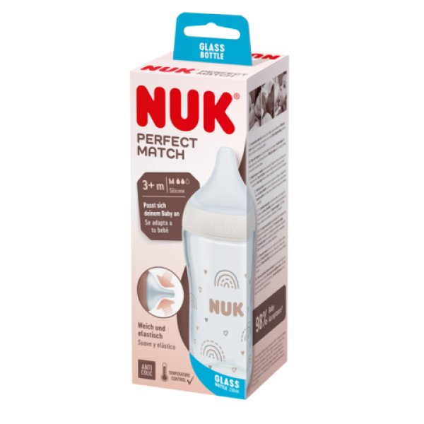 Nuk Μπιμπερό Γυάλινο 230 ml Perfect Match με μαλακή θηλή σιλικόνης 3m+ (10212009)