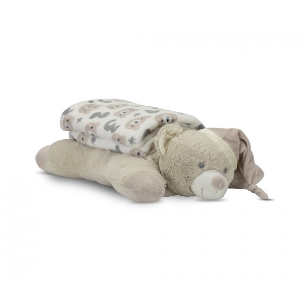Lorelli Σετ Δώρου Κουβέρτα Αγκαλιάς 90/75cm Poffy Duo Με Μαξιλαράκι Beige Teddy Bear (10340202504)