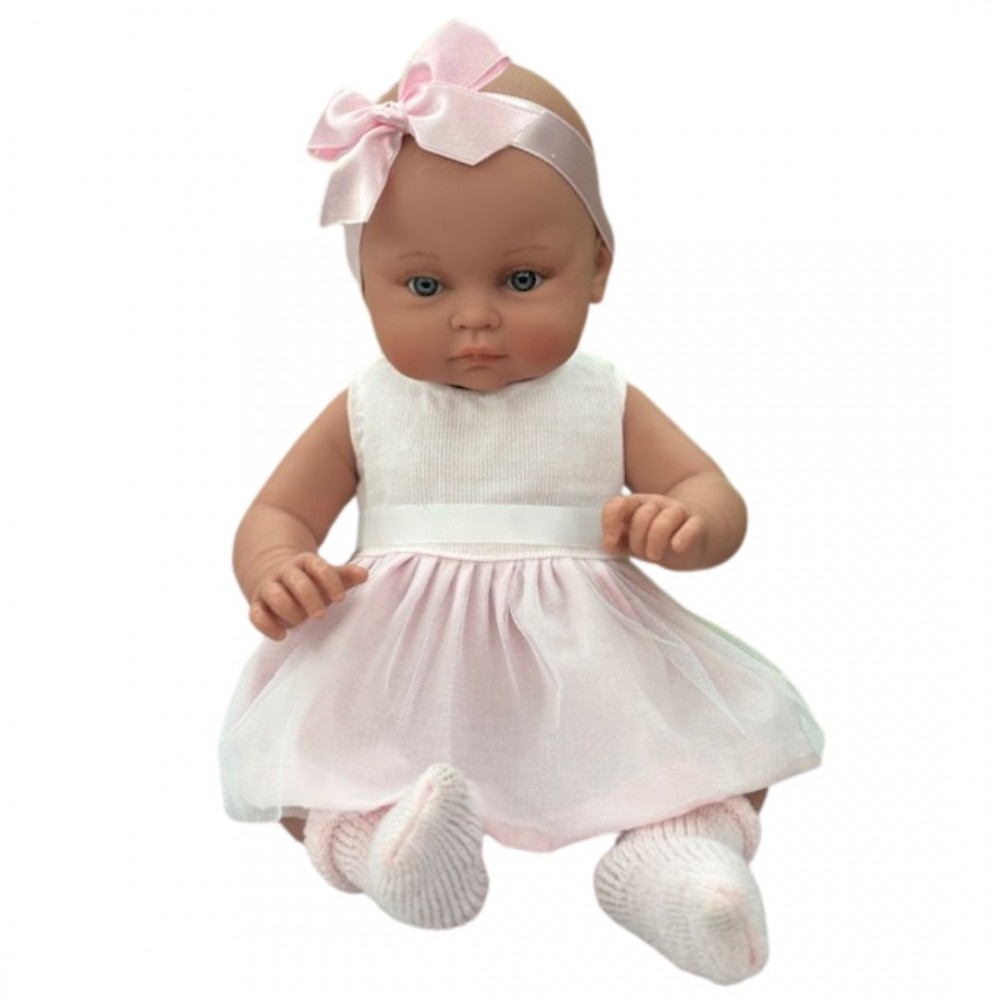 Magic baby Παιδική κούκλα μωρό "Alicia με λευκό φόρεμα και μεγάλο ροζ φιόγκο"-45εκ. (MB46720)