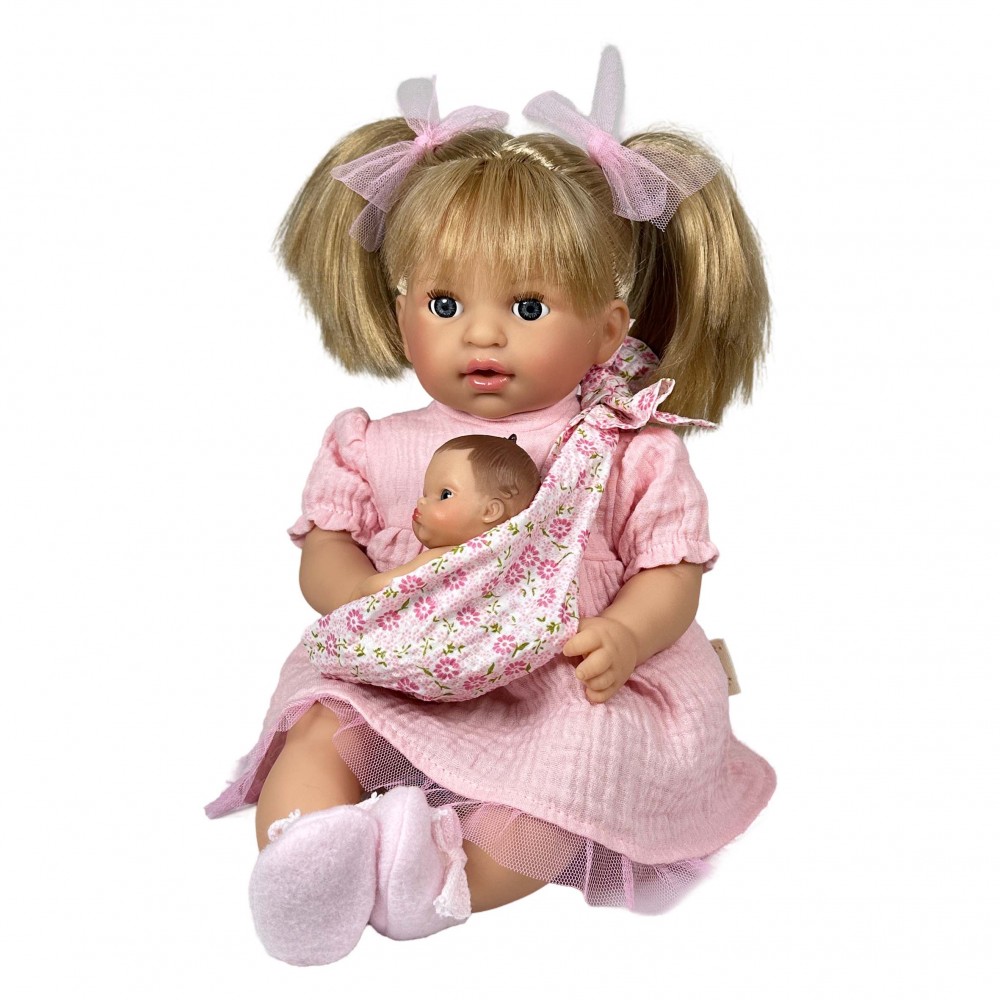 Nines D'Onil: Alex με ροζ φόρεμα και μωρό σε μάρσιπο - 40 εκ. (NDO-4030)